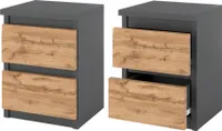 Nachttisch 2er SET - Nachtschrank - Nachtkommode Modern Möbel mit Schubladen Kommode Holz Schubladenschrank für Ihr Schlafzimmer Grau Matt/Eiche Wotan