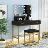 Schminktisch | Make-up Tisch | Frisiertisch | Kosmetiktisch | mit Hocker |  mit Spiegel | mit Beleuchtung | schwarz/gold