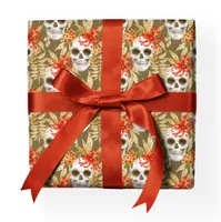 Cooles Mexiko Geschenkpapier mit Totenkopf & Blüten, oliv - G23032, 32 x 48cm