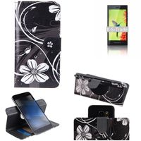 K-S-Trade Schutzhülle Handyhülle kompatibel mit Blackberry Leap Hülle 360° Wallet Case ''Flowers'' Klapphülle Hülle schwarz-weiß 1x