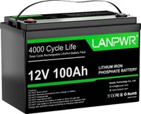 LANPWR 12V 100Ah LiFePO4 lithiová baterie, 1280Wh 4000+ cyklů, indikátor napájení, nouzové napájení, auto, lodě, solární, trolling motor, off-grid