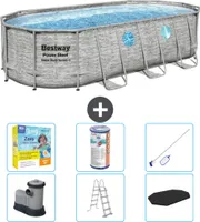 Bestway Oval Power Steel Swim Vista Swimmingpool – Steindruck – 549 x 274 x 122 – inklusive Pumpe – Leiter – Abdeckung Wartungspaket - Filter - Reinigungskit
