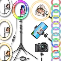 Lampa pierścieniowa, 10 cali, 26 cm, 80 W, lampa pierścieniowa ze statywem, uchwyt na telefon, regulowana wysokość, ściemniana lampa pierścieniowa selfie w 6 kolorach RGB + 10 trybów,