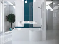 Eckbadewanne Badewanne INSPIRO RECHTS 160x70 mit Glasabtrennung, Schürzen , Ablaufgarnitur und Füßen.
