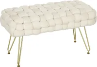 HOMCOM Sitzhocker, Polsterbank mit Samtoptik, Fußbank mit gepolstertem Sitz, Metallbeine, Fußstütze, für Wohnzimmer, Schlafzimmer, 76 x 38 x 41,5 cm, Cremeweiß
