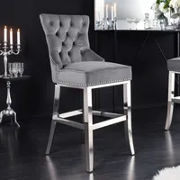 Design Barhocker CASTLE DELUXE grau Samt silber Edelstahl Chesterfield