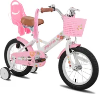 HILAND Joystar 14 Zoll Kinderfahrrad mit Stützrädern, Puppenfahrradsitz, Luftschlangen, Korb, Klingel, DIY-Aufklebern, Schutzblechen, für Mädchen,Weiß