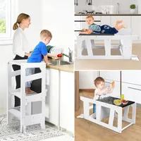 Dripex Küchenhelfer, höhenverstellbar, Tritthocker mit Sicherheitsschiene und doppelseitiger Staffelei, Lernstuhl Tritthocker für Kinder, Weiß Geometrieform