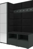Garderoben-Set Nela II mit Spiegel, Polstergarderobe mit zwei Schuhschränke und Wandpaneele, Flurgarderobe mit Hochschrank (Farbe: Graphit + Trinity 16 (Schwarz))