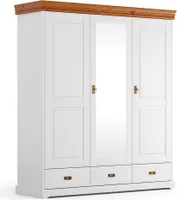 Toskania Massivholz Kleiderschrank 3-türig mit Spiegel 193x218 cm Weiß/Kiefer, gebeizt