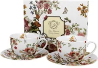 DUO FLORAL 2er-Set Tassen 280 ml VINTAGE FLOWERS WHITE mit Untertassen, New Bone China Porzellan