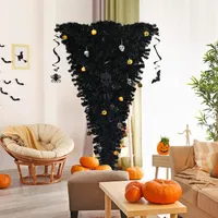 GOPLUS 180 cm Kopfüber Künstlicher Weihnachtsbaum halloween, mit 270 LED in Lila, Christbaum mit 810 PVC-Blättern & Baumschmuck