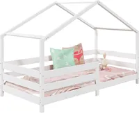 Hausbett RENA aus massiver Kiefer in weiß, schönes Montessori Bett mit Rausfallschutz, stabiles Kinderbett in 90 x 200 cm
