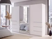 Schwebetürenschrank - 270 x 201 cm - 6 Schubladen - Weiß matt - mit Spiegel