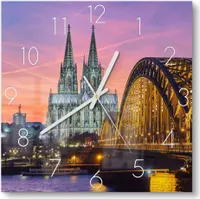 DEQORI Glasuhr 30x30 cm Zahlen 'Kölner Wahrzeichen abends' Wanduhr Glas Uhr Design leise