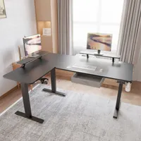 Hilodesk 160 x 76 cm výškově nastavitelný elektrický psací stoly kreslící kancelářský stůl pro domácí kancelář, kolečka, Černá, ve tvaru L