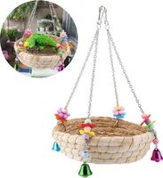 Vogelnest Bett Straw Nest Natur handgewebte Stroh Nest Bett-Schaukel Spielzeug mit 4 Metallglocken Spielzeug für Wellensittiche Nymphensittich Papageien Sittiche Käfig Spielzeug