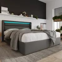 MODFU Boxspringbett 140x200cm Polstebett Doppelbett mit LED-Beleuchtung,Stauraumbett mit Bettkasten & t Lattenrost,Grau (ohne Matratze)