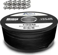 100m ARLI Koaxialkabel schwarz max. 135dB + 10x F-Stecker vergoldet + 10x Gummitülle