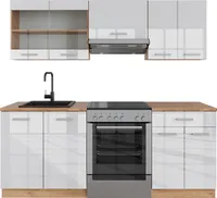 Vicco kuchynská linka R-Line, 200 cm bez pracovnej dosky, biela vysoký lesk/dub Goldkraft