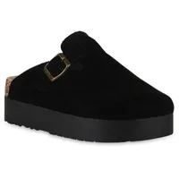 VAN HILL Damen Pantoffeln Hausschuhe Plateau Profil-Sohle Schnallen Schuhe 841256, Farbe: Schwarz, Größe: 39