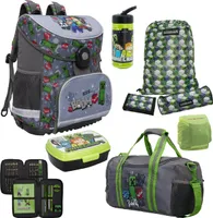 Minecraft Schulranzen für Jungen 1. Klasse Graue Schultasche im Set 9-teilig mit Brotdose, Trinkflasche und Sporttasche