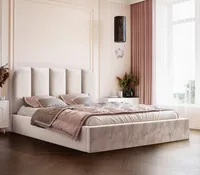 Polsterbett Astrid 200x200 mit zwei Bettkästen und abgerundetem, gestreiftem Kopfteil - Metallrahmen - Piano 03