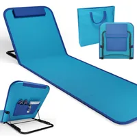 ONBEST Strandliege | faltbar | mit Rückenlehne | Kissen und Tragetasche | Staufach | Blau | 165x49cm | klappbar