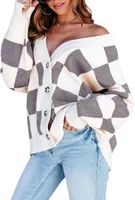ASKSA Damen Cardigan Karomuster V-Ausschnitt Strickjacke Knopfleiste Lange aermel Strick Oberteile, Grau, 2XL