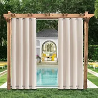 Outdoor Vorhang Wetterfest mit Ösen B132xH274CM, Outdoorvorhänge Gardinen Wasserdicht für Terrasse Balkon Pergola Garten Pavillon, 1 Stück, Beige