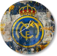 DEQORI Glasuhr Ø50 cm Zahlen 'Wappen Real Madrid' Wanduhr Glas Uhr Design leise Küchenuhr