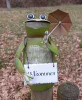 Zaunfigur Zaunhocker Frosch mit Schirm u. Schild Willkommen Gartendeko Eisen