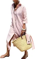 ASKSA Dámské letní Vintage Button Down Shirtdresses s dlouhými rukávy Módní pruhované volný pas Tie příležitostné šaty (růžová,L)