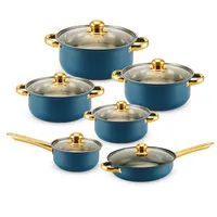 Topfset, Pfannenset 12-teilig | Kochtopfset | Kochtöpfe | Töpfe mit Glasdeckel | Induktionsgeeignet | Blau-Gold, Edelstahl | Retoo
