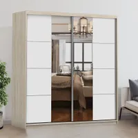Schwebetürenschrank Kleiderschrank Schrank 203 cm Sonoma/Weiß semigloss mit Spiegeln und Zierleisten Pola 38