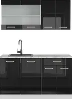 Vicco Singleküche R-Line, 140 cm , AP Marmor, Schwarz Hochglanz/Weiß