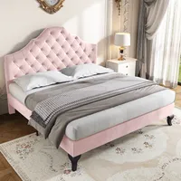 Merax Polsterbett 140x200cm mit höhenverstellbarem Kopfteil und Lattenrost, Doppelbett aus Samt und Massivholz, Rosa