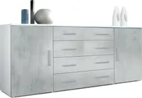 Vladon Sideboard Faro V2,  Germany, Kommode mit 2 Türen und 4 Schubladen, Weiß matt/Beton Oxid Optik (166 x 72 x 35 cm)