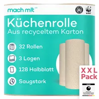 32 x Küchenrolle 3-lagig - 128 Halbblatt pro Rolle – frei von Bleichmitteln –  Germany - aus recyceltem Karton