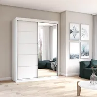 Kleiderschrank Schrank Schwebetürenschrank 150 cm Weiß/Weiß mit Spiegel Vista 05