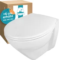 Calmwaters® Erhöhtes Wand WC spülrandlos Modern Plus mit Toilettendeckel, + 6 cm Erhöhung, inklusive abnehmbarem WC Sitz mit Absenkautomatik und Schnellbefestigung, Tiefspüler, Weiß, 08AB5815