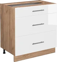 Vicco Küchenunterschrank Fame-Line, 80 cm mit 3 Schubladen, ohne Arbeitsplatte, Weiß Hochglanz/Goldkraft Eiche