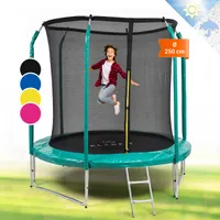 Klarfit Kinder Trampolin Indoor/Outdoor, Kleines Trampolin für Kinder, Kindertrampolin Rutschfest, Trampolin mit Leiter, Randabdeckung und Sicherheitsnetz, UV-Beständiges Trampolin Klein, 250cm