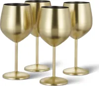 4 sklenice na víno z nerezové oceli, 500 ml sklenice na víno Robustní a nerozbitné poháry, vhodné do přírody, na kempování, k bazénu, na cesty, zlaté, 4 ks