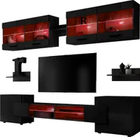 Komodee | Wohnwand, Wohnzimmerset RTV Foggia, Korpus Schwarz Matt Frontfarbe Schwarz Hochglanz, LED RGB