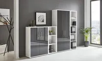 Aktenschrank TABOR 4 in weiß / anthrazit Hochglanz, Schrankwand, Büroschrank, abschließbar, Metallgriffe