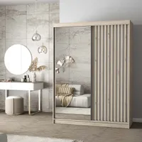 Schwebetürenschrank Kleiderschrank Schrank 150 cm Sonoma/Weiß mit Spiegel und Lamellen LAMI B