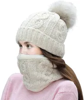 Damen Strickmütze Bommelmütze Loop Schal Set Warm Wintermütze Beanie Hüte Winterschal Schlauchschal Strickschal Rundschal für Frauen und Mädchen