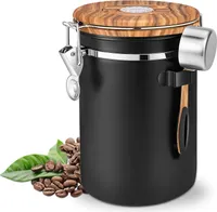 Kaffeedose, 1,8L Kaffeedose Luftdicht, Kaffeebehälter Edelstahl mit Auslassventil, Aromadose Vorratsdose Kaffeebehälter mit Löffel, Holzmaserung