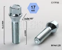 Kolový šroub M14x1,25x55 kuželový, klíč 17, C17F55, výška 78,5 mm